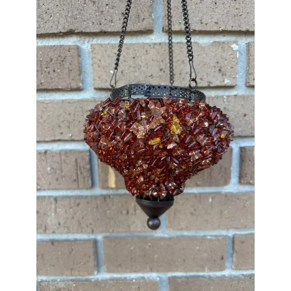 Vintage Hanging TeaLight Candle Holder Amber Glass Beads Metal Frame NOS New